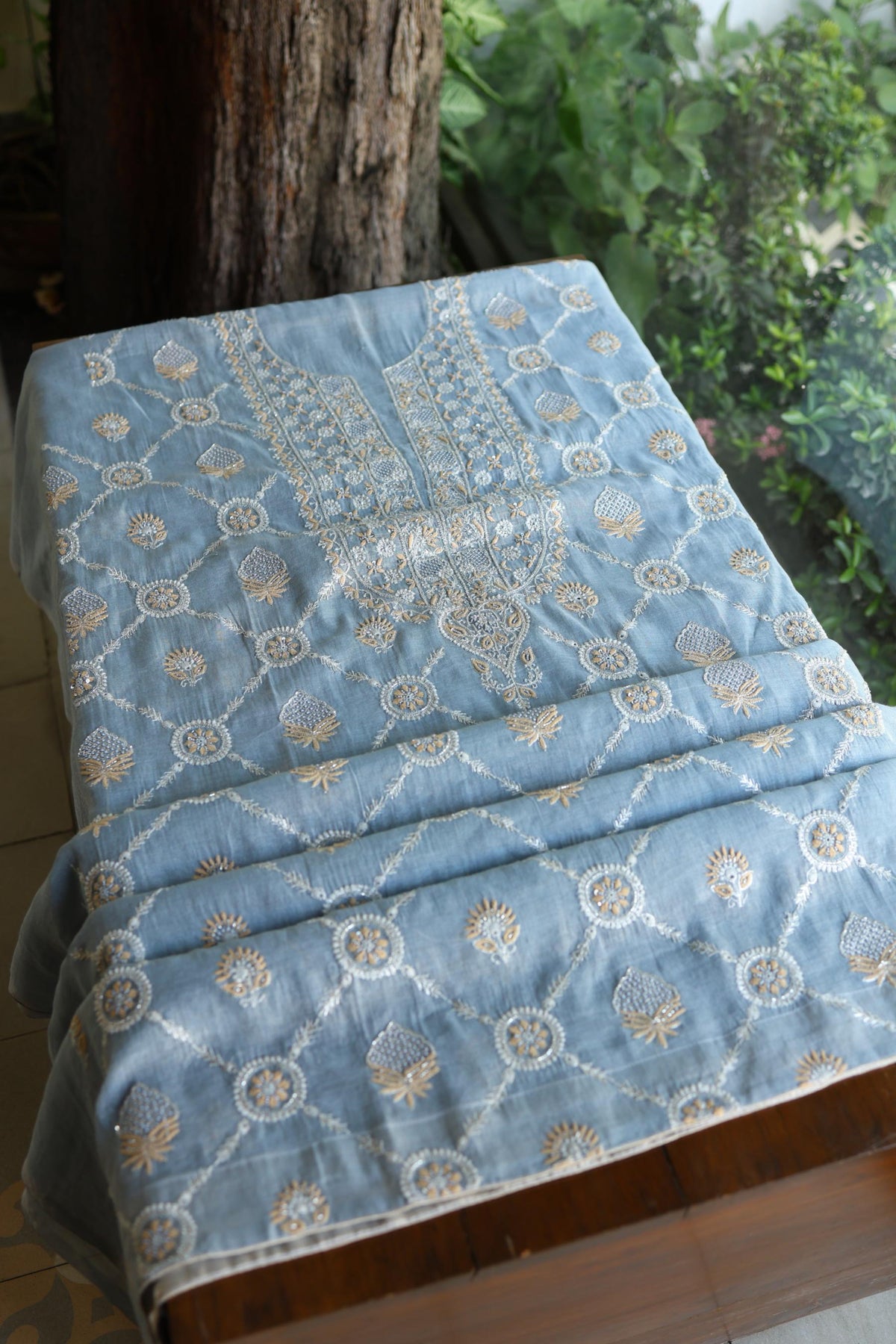 Pastel Blue Shade Silver Tissue Silk Chikankari Unstitched Fabric