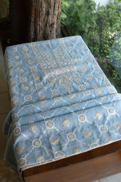 Pastel Blue Shade Silver Tissue Silk Chikankari Unstitched Fabric