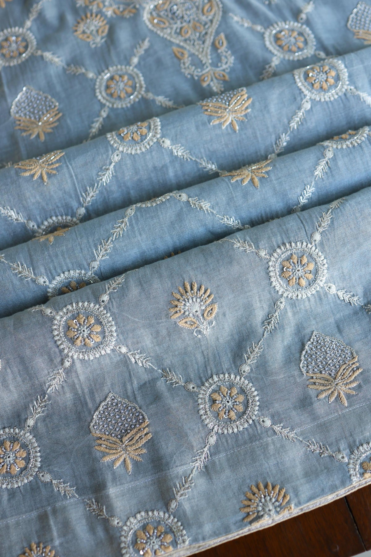 Pastel Blue Shade Silver Tissue Silk Chikankari Unstitched Fabric
