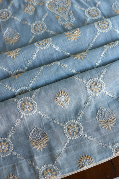 Pastel Blue Shade Silver Tissue Silk Chikankari Unstitched Fabric