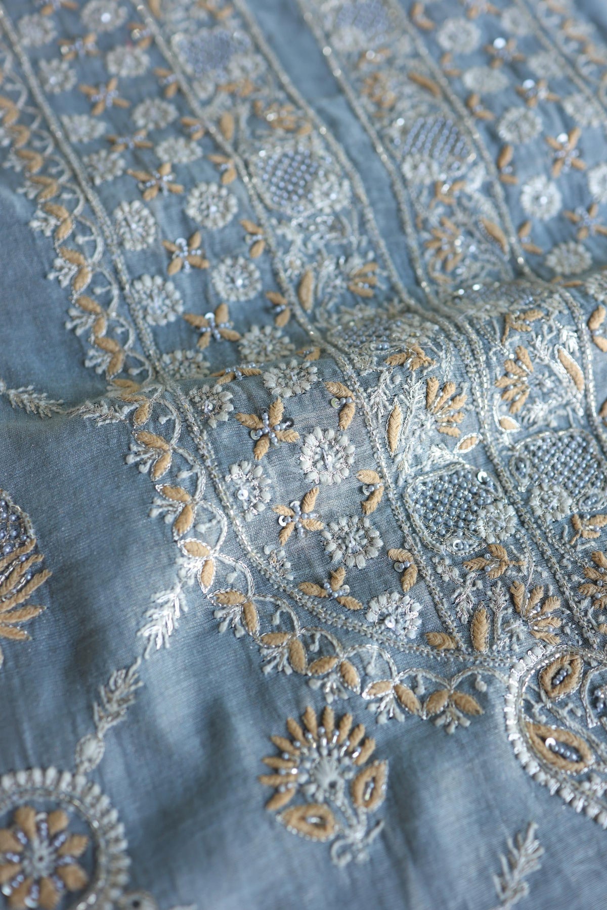 Pastel Blue Shade Silver Tissue Silk Chikankari Unstitched Fabric