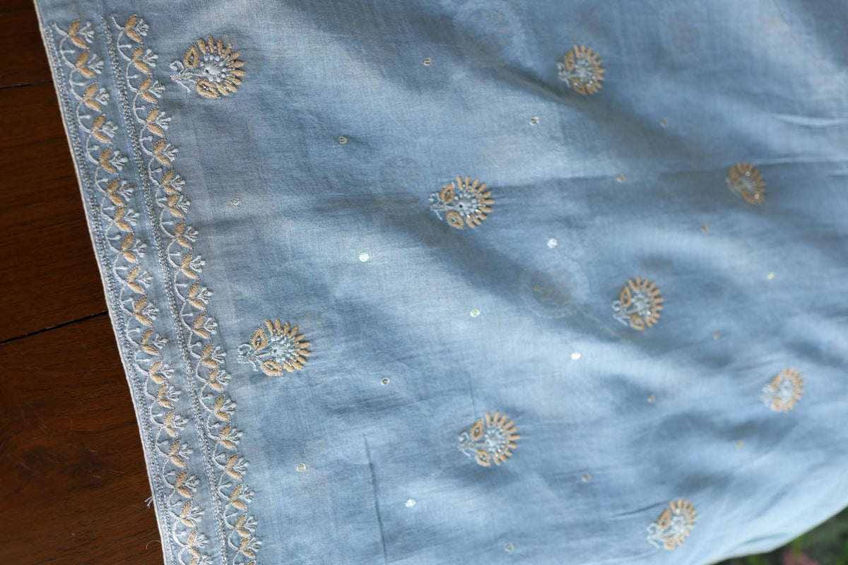 Pastel Blue Shade Silver Tissue Silk Chikankari Unstitched Fabric