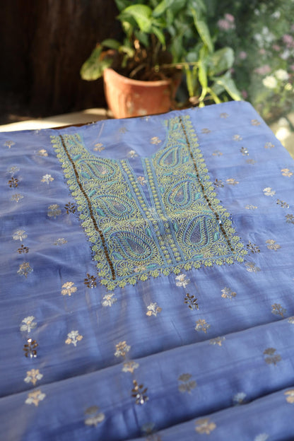Pastel Blue Shade Zari Booti Fine Chikankari With Kamdani Work Unstitched Fabric