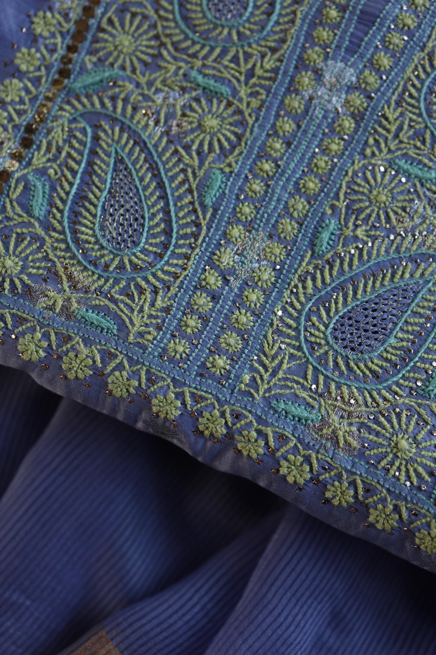 Pastel Blue Shade Zari Booti Fine Chikankari With Kamdani Work Unstitched Fabric