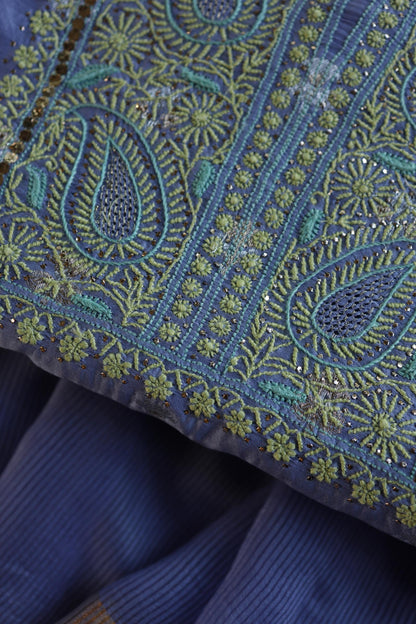 Pastel Blue Shade Zari Booti Fine Chikankari With Kamdani Work Unstitched Fabric