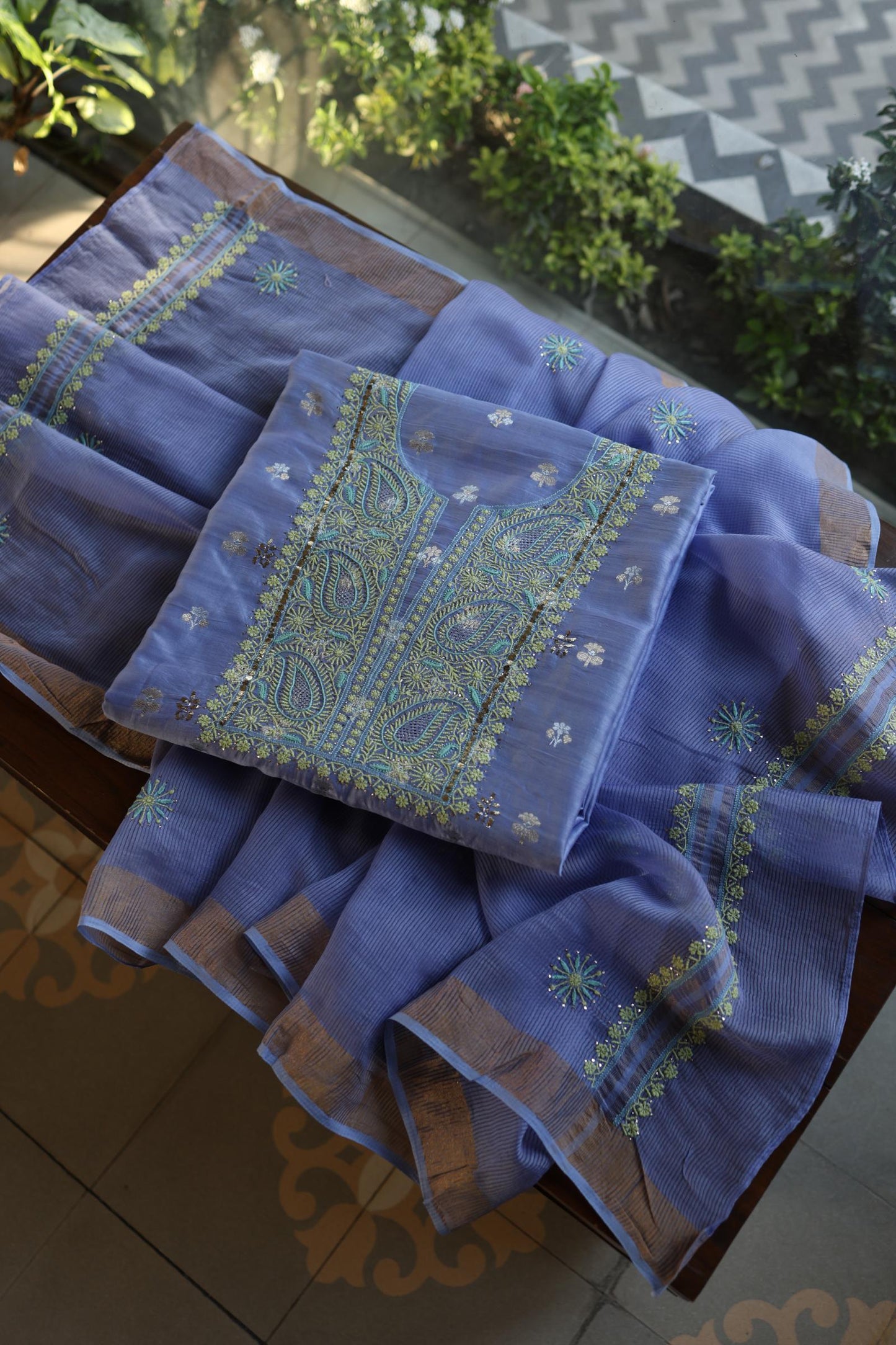 Pastel Blue Shade Zari Booti Fine Chikankari With Kamdani Work Unstitched Fabric