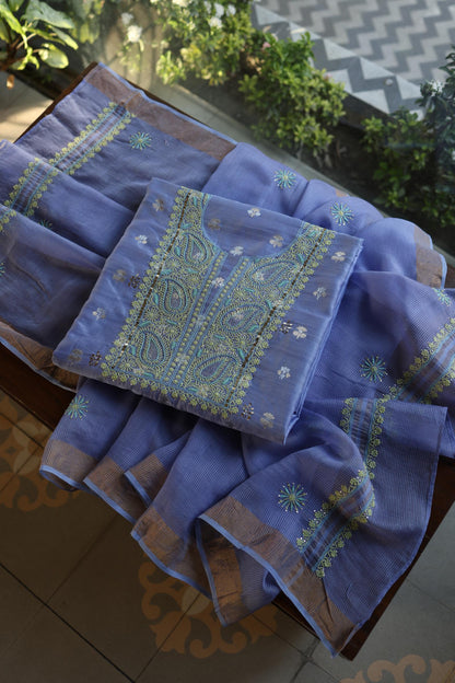 Pastel Blue Shade Zari Booti Fine Chikankari With Kamdani Work Unstitched Fabric