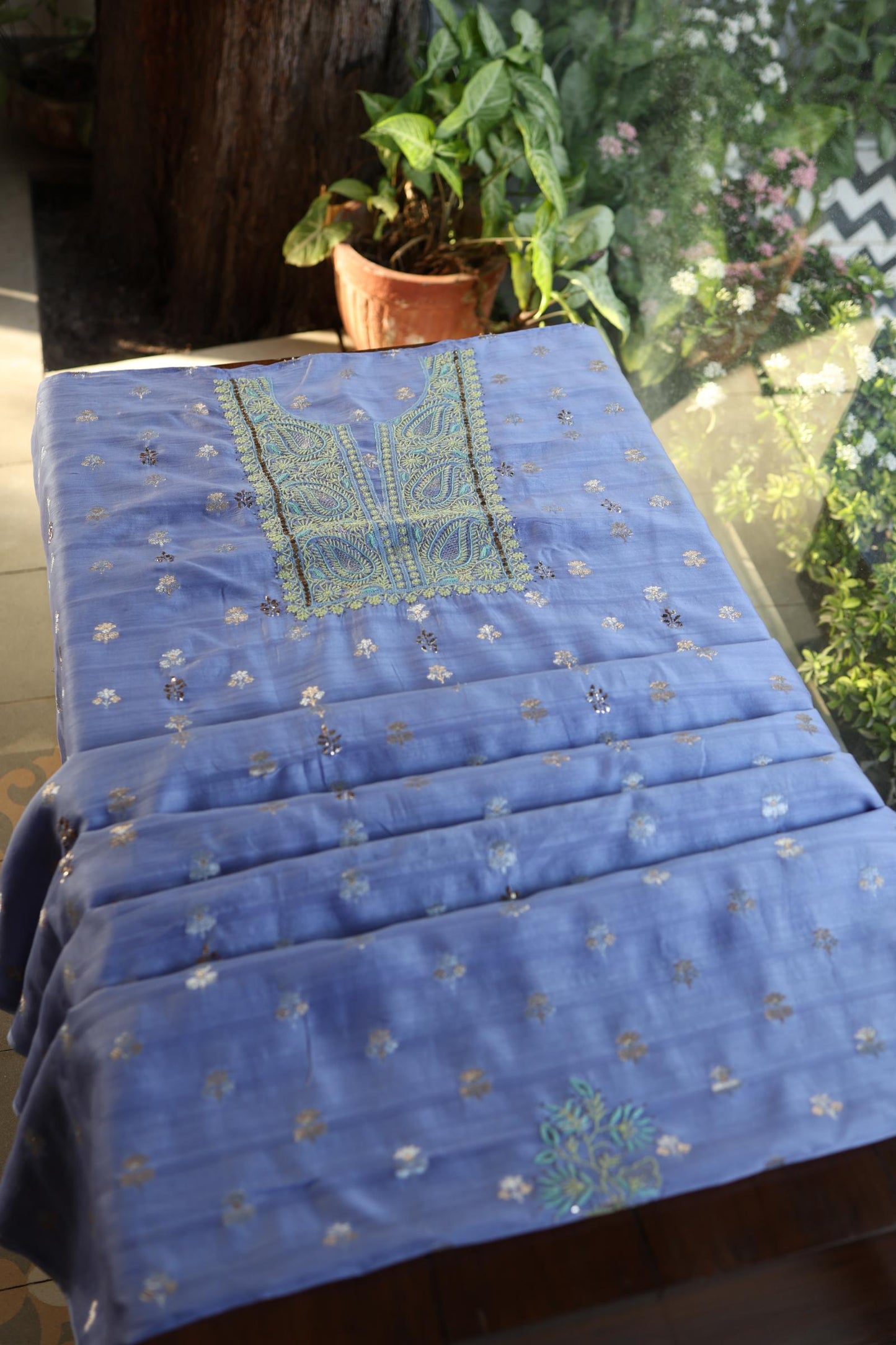 Pastel Blue Shade Zari Booti Fine Chikankari With Kamdani Work Unstitched Fabric