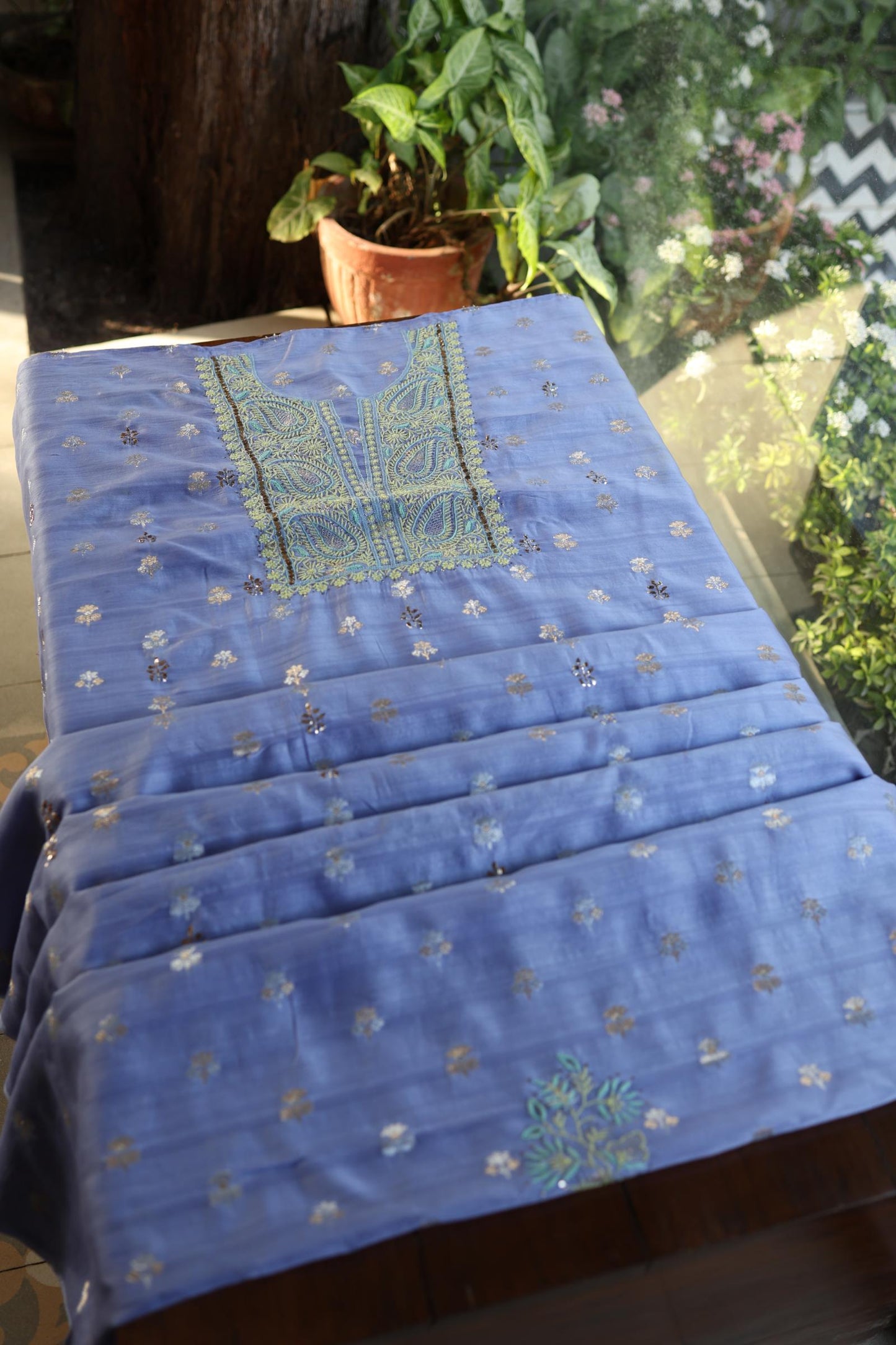 Pastel Blue Shade Zari Booti Fine Chikankari With Kamdani Work Unstitched Fabric
