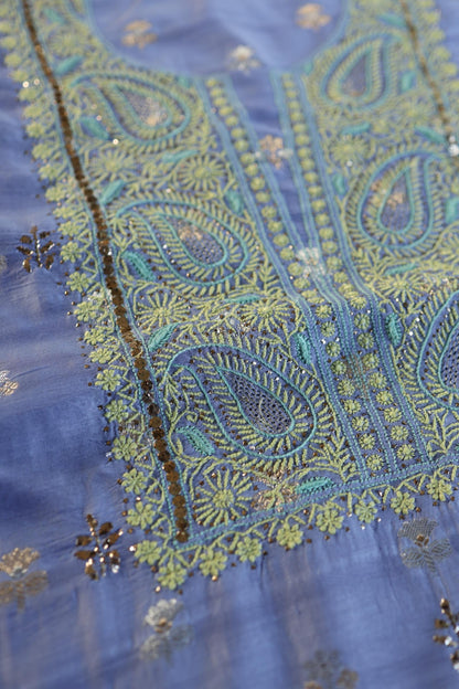Pastel Blue Shade Zari Booti Fine Chikankari With Kamdani Work Unstitched Fabric