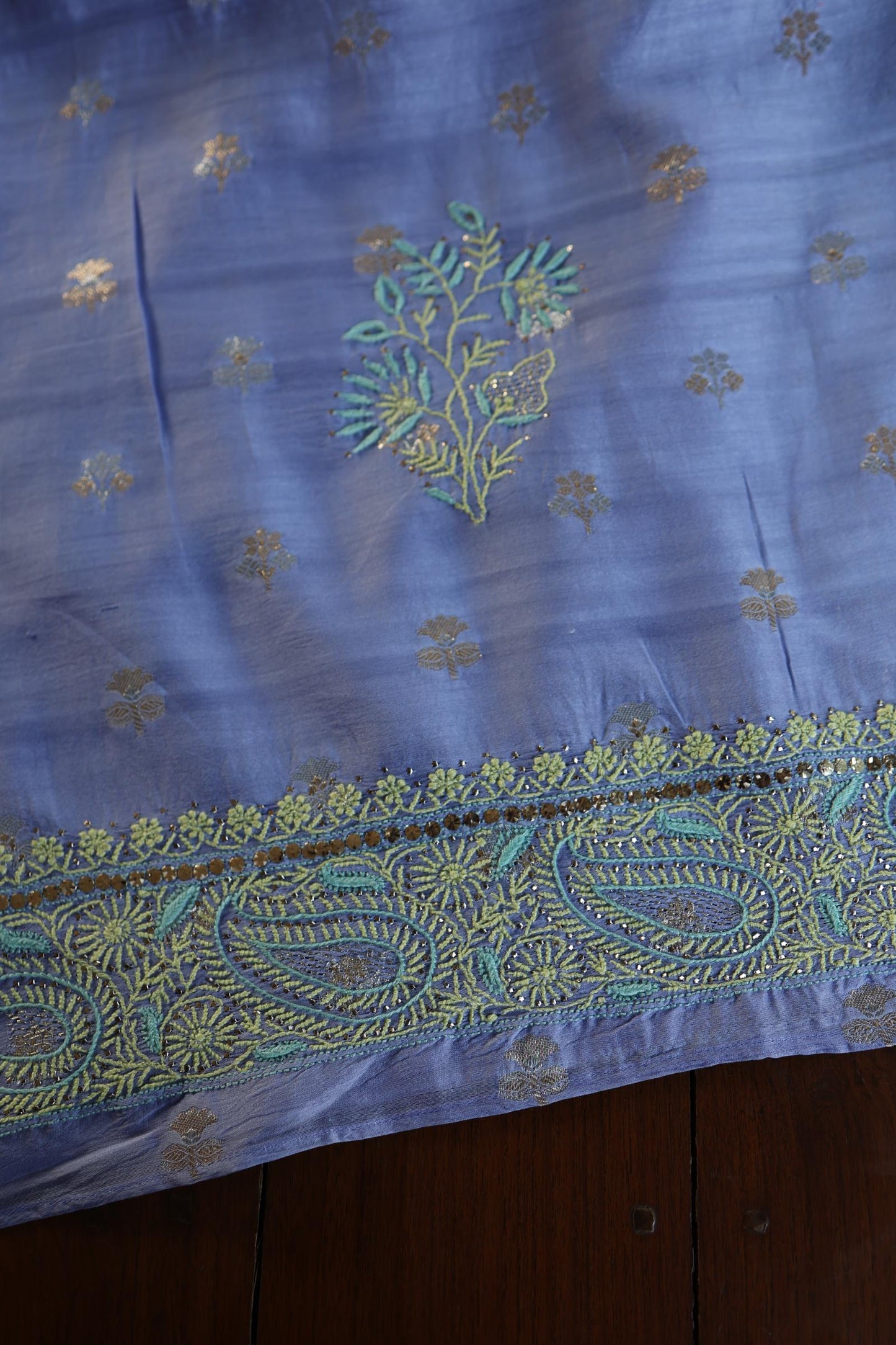 Pastel Blue Shade Zari Booti Fine Chikankari With Kamdani Work Unstitched Fabric
