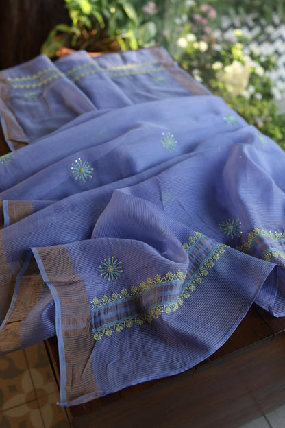 Pastel Blue Shade Zari Booti Fine Chikankari With Kamdani Work Unstitched Fabric