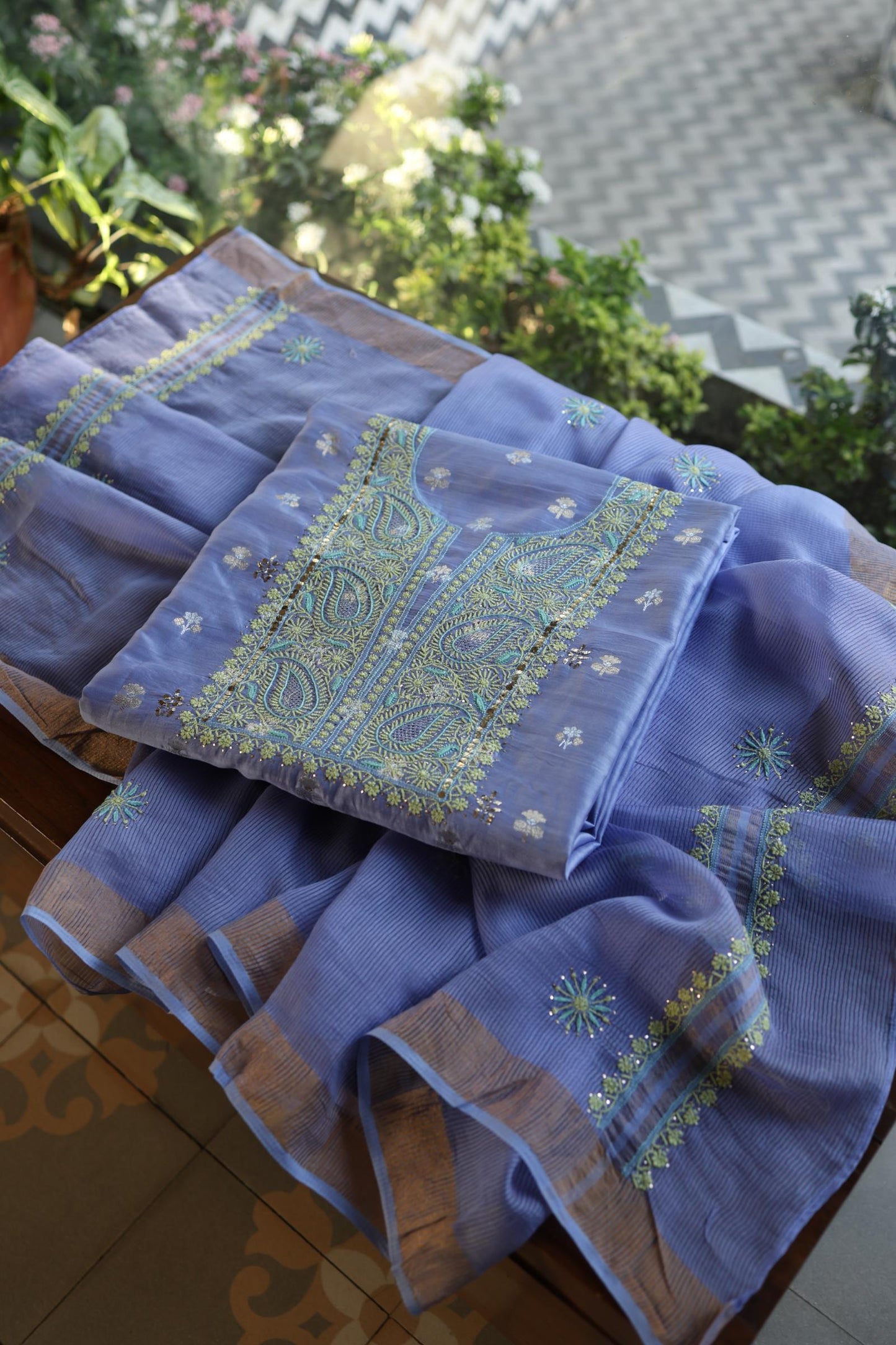 Pastel Blue Shade Zari Booti Fine Chikankari With Kamdani Work Unstitched Fabric