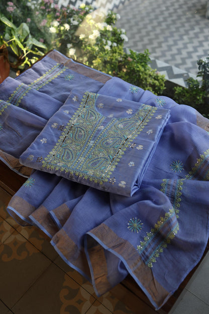 Pastel Blue Shade Zari Booti Fine Chikankari With Kamdani Work Unstitched Fabric
