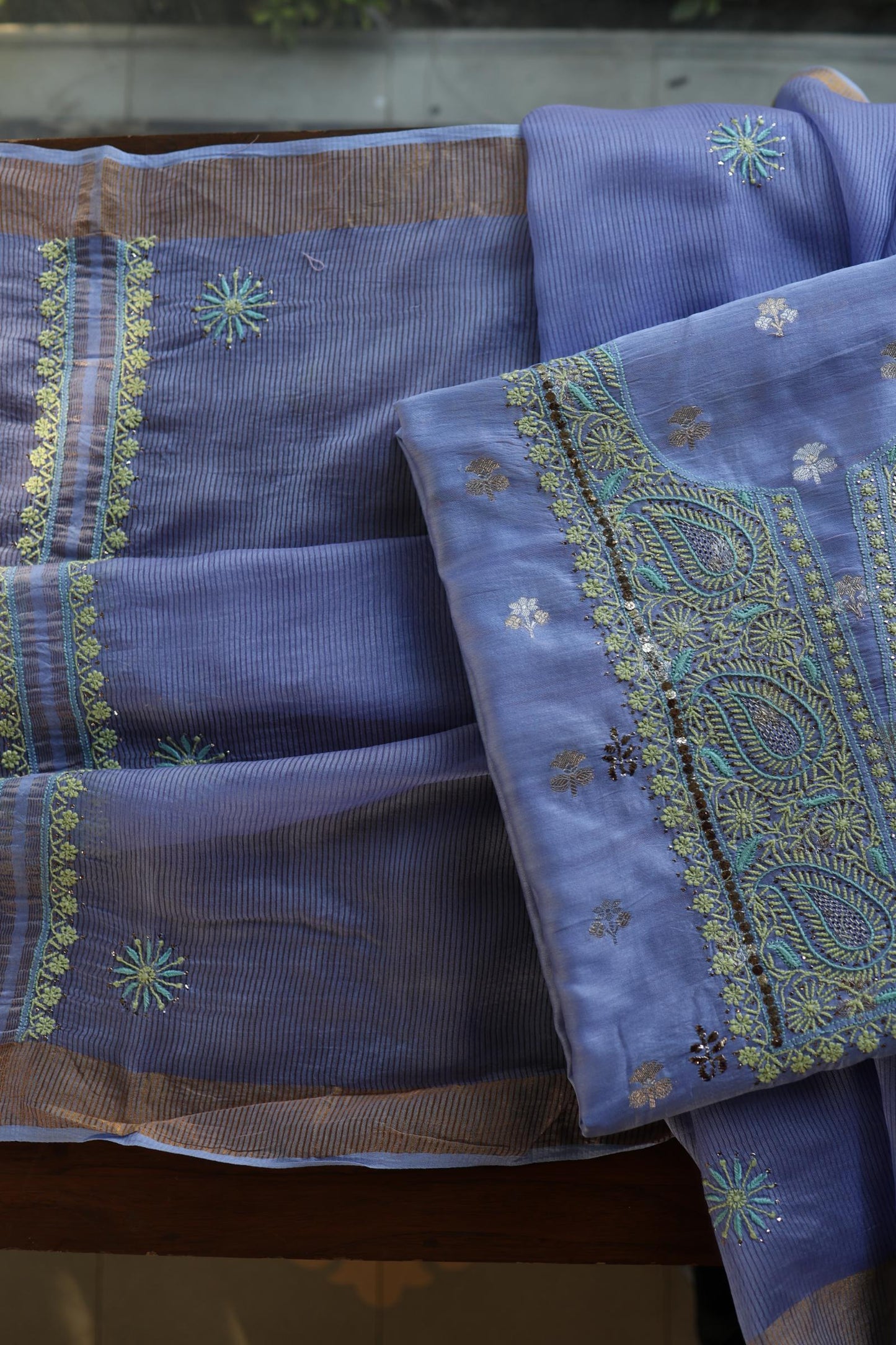 Pastel Blue Shade Zari Booti Fine Chikankari With Kamdani Work Unstitched Fabric