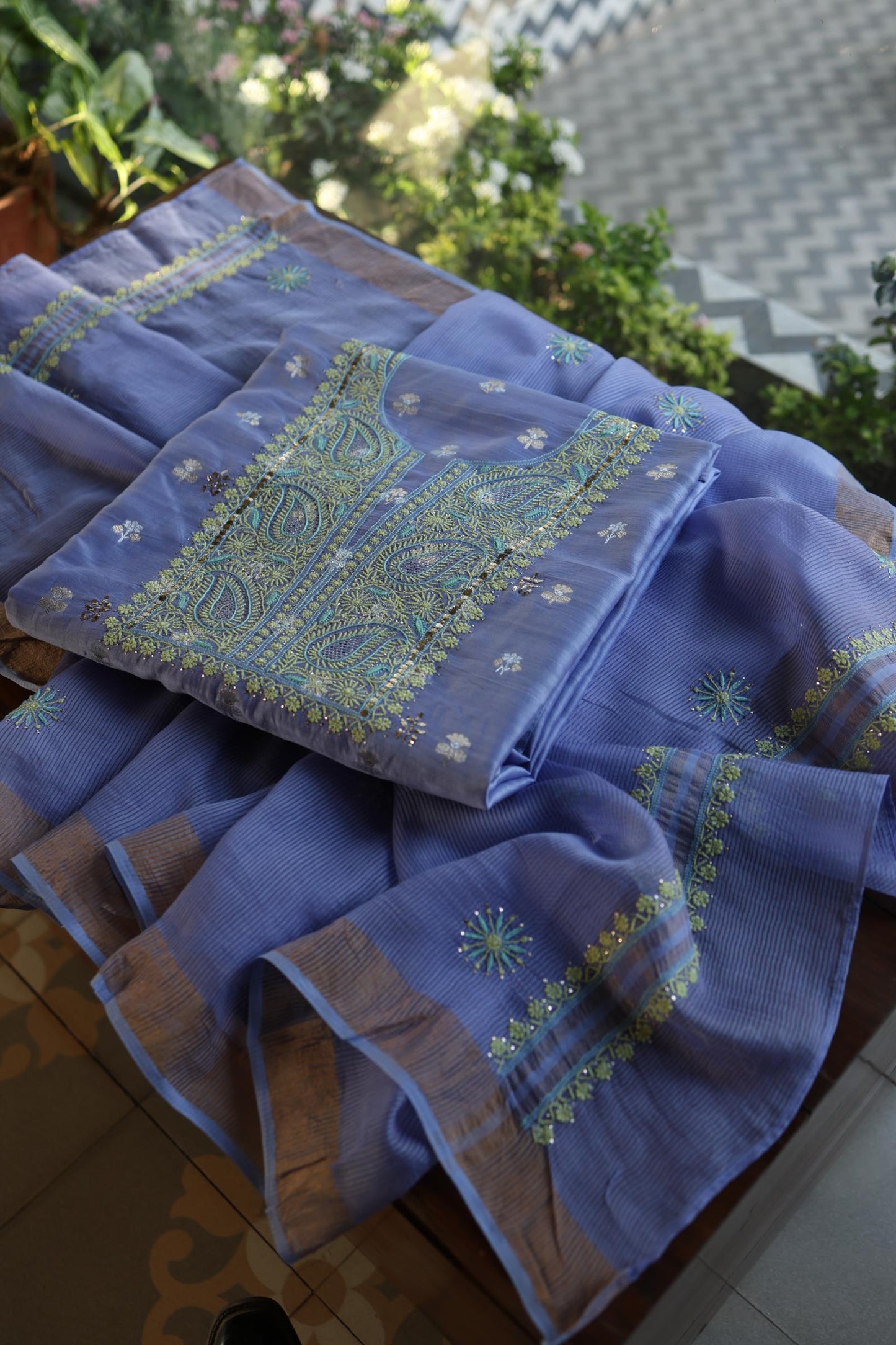 Pastel Blue Shade Zari Booti Fine Chikankari With Kamdani Work Unstitched Fabric