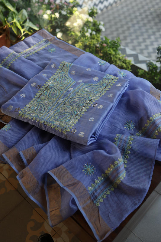 Pastel Blue Shade Zari Booti Fine Chikankari With Kamdani Work Unstitched Fabric