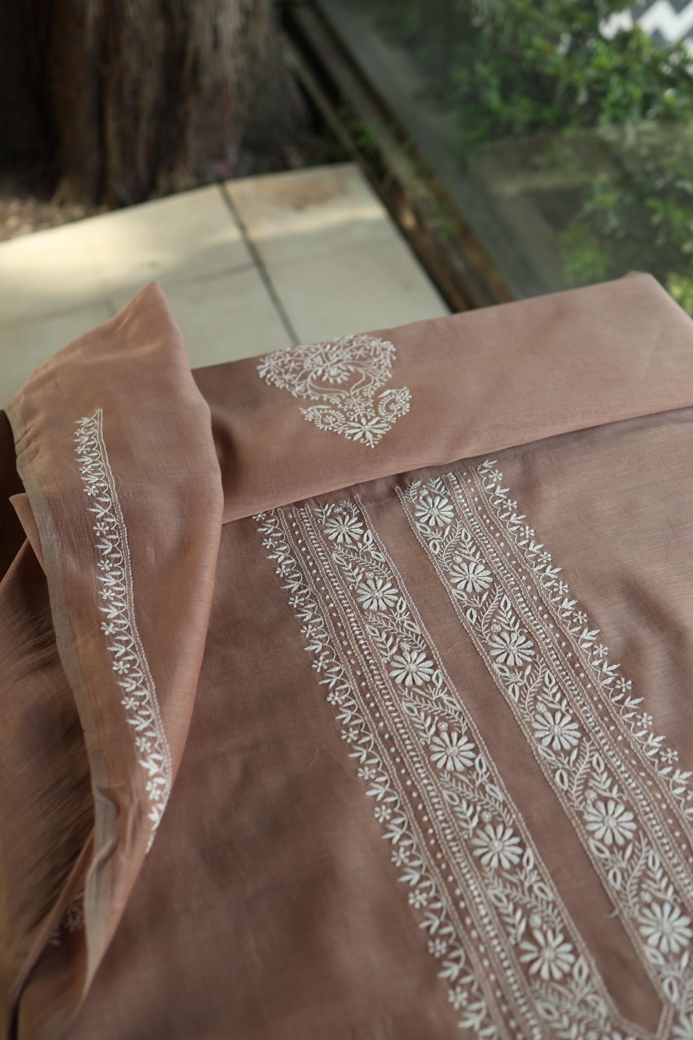 Pastel Brown Mulmul Chikankari Unstitched Men's Kurtas Fabric