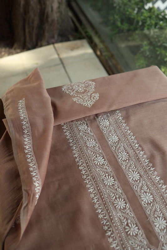 Pastel Brown Mulmul Chikankari Unstitched Men's Kurtas Fabric