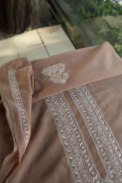 Pastel Brown Mulmul Chikankari Unstitched Men's Kurtas Fabric