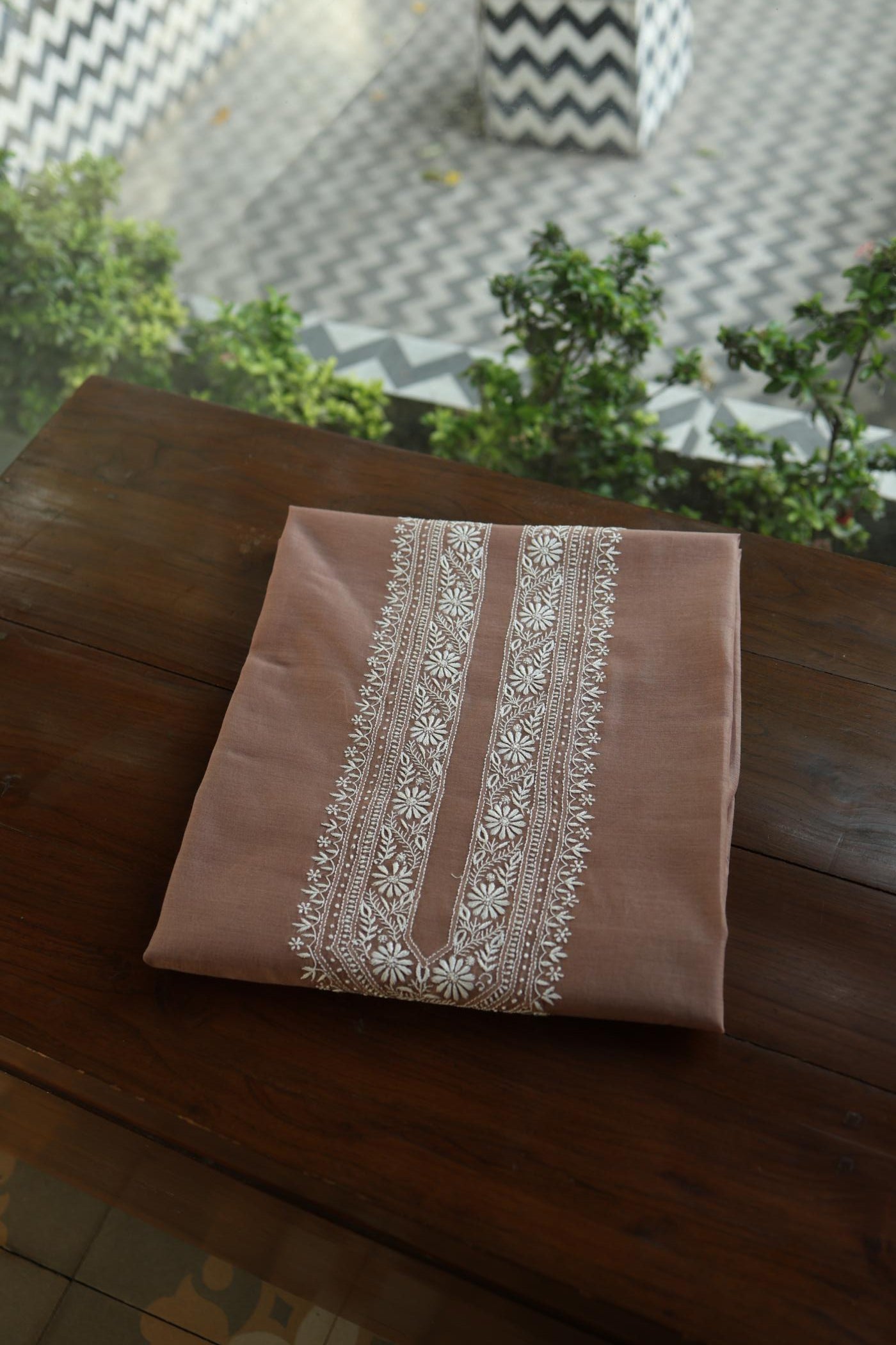 Pastel Brown Mulmul Chikankari Unstitched Men's Kurtas Fabric