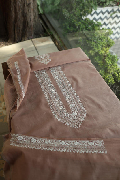 Pastel Brown Mulmul Chikankari Unstitched Men's Kurtas Fabric
