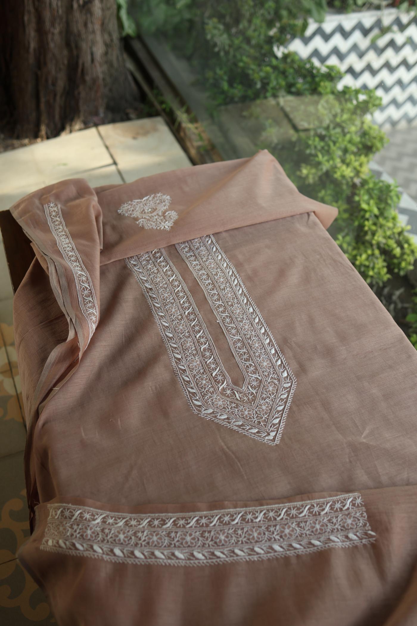 Pastel Brown Mulmul Chikankari Unstitched Men's Kurtas Fabric