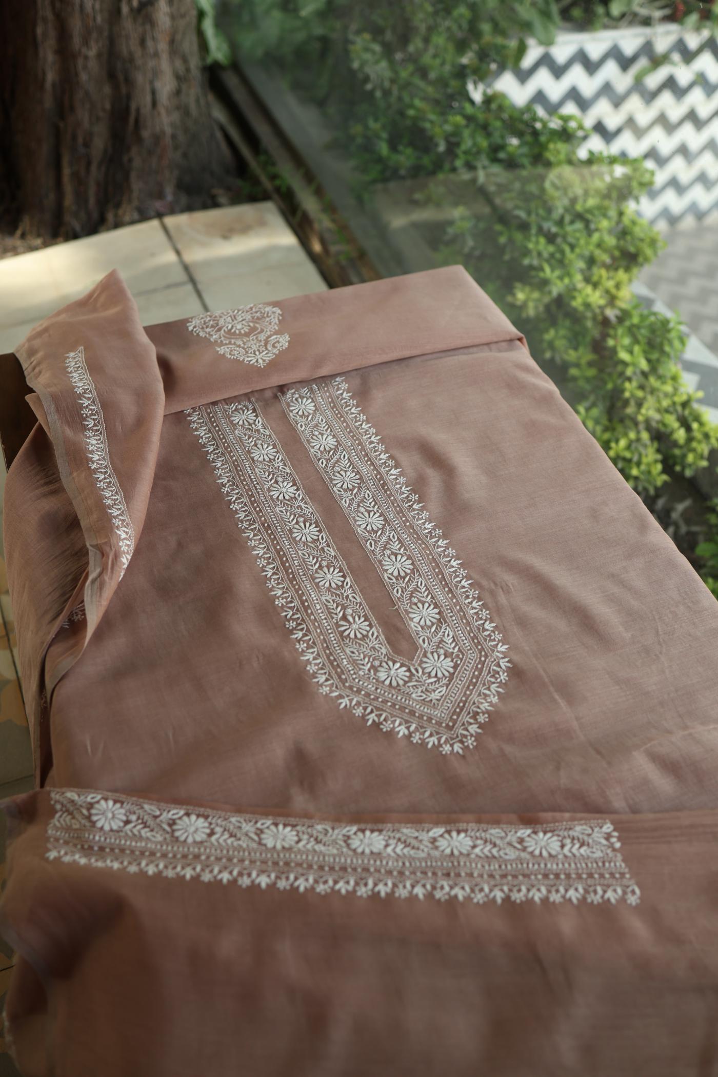 Pastel Brown Mulmul Chikankari Unstitched Men's Kurtas Fabric