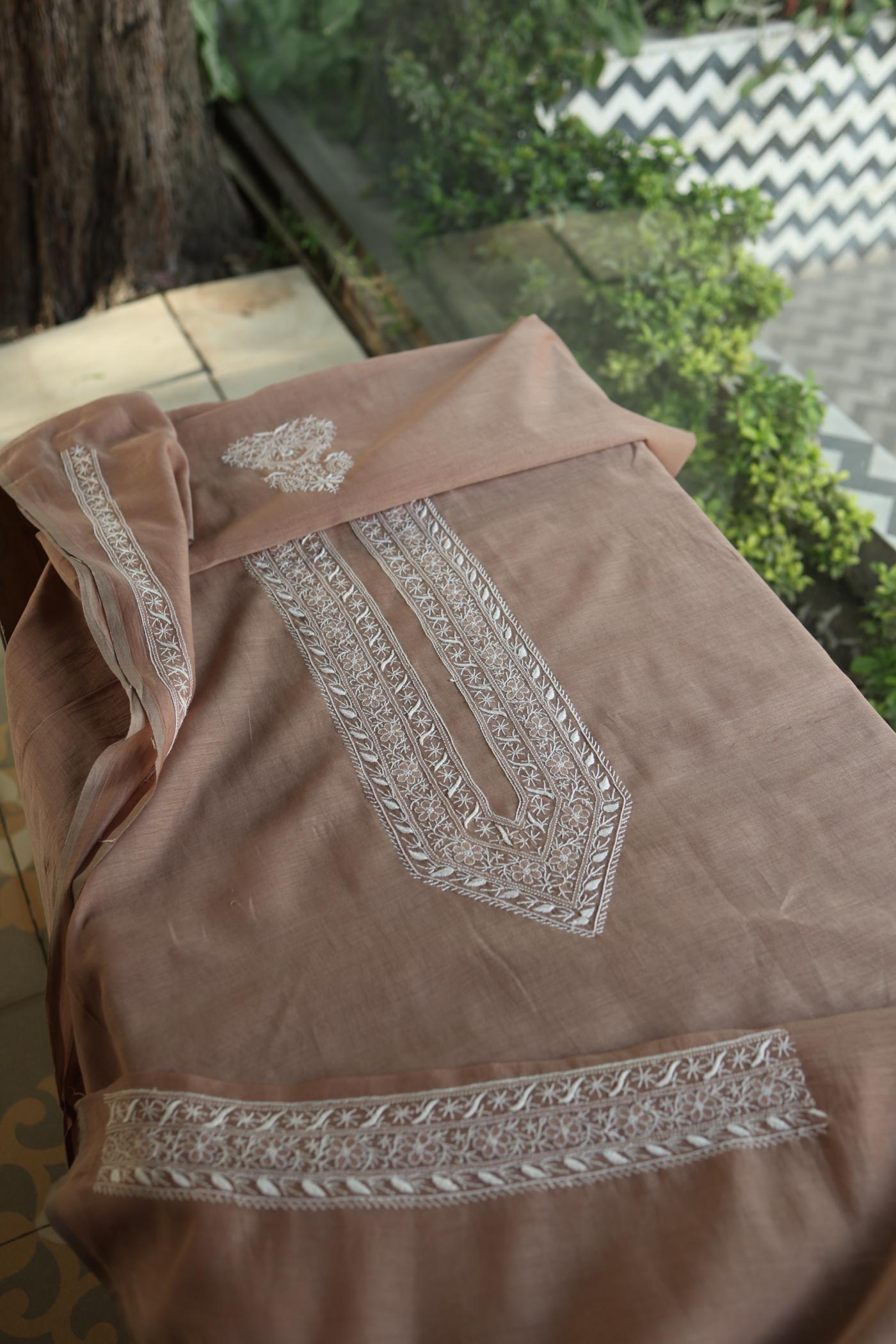 Pastel Brown Mulmul Chikankari Unstitched Men's Kurtas Fabric