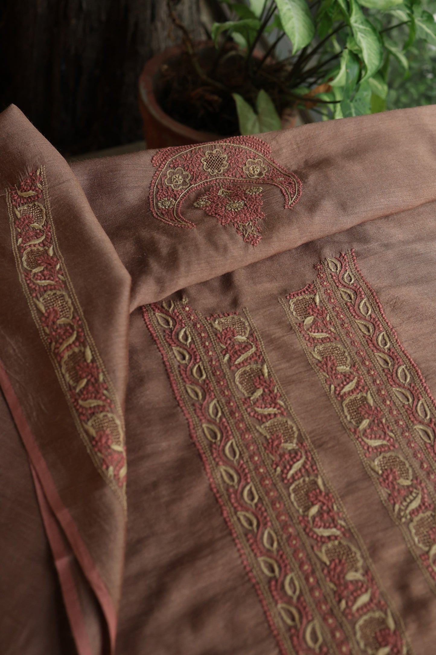 Pastel Brown Shade Moonga Silk Chikankari Unisex Kurta Fabrics