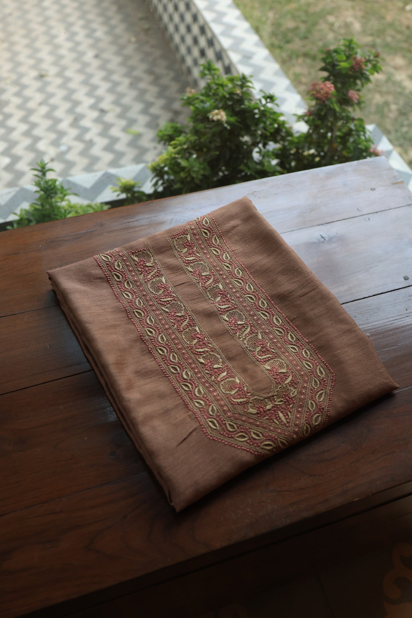 Pastel Brown Shade Moonga Silk Chikankari Unisex Kurta Fabrics