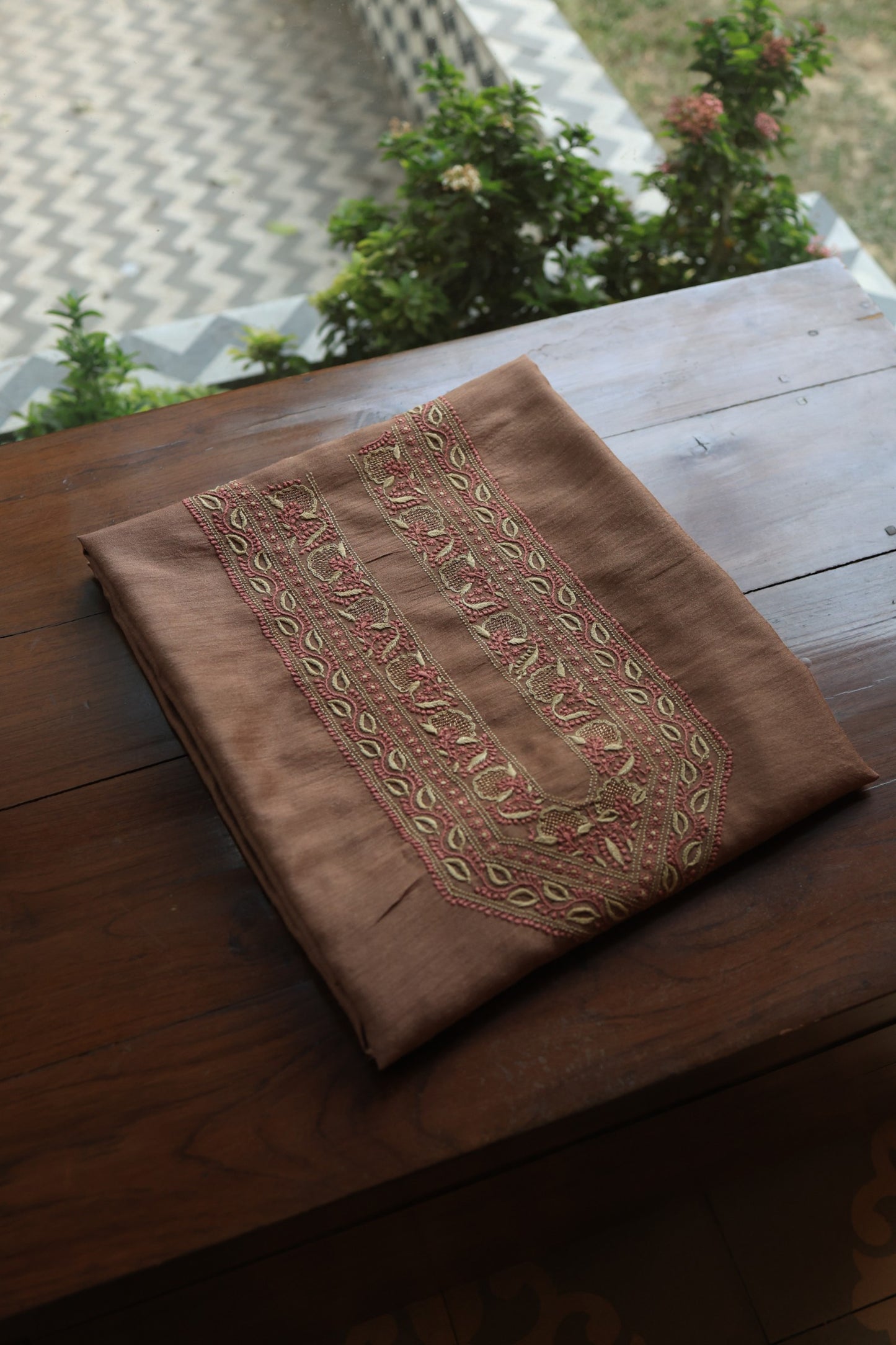 Pastel Brown Shade Moonga Silk Chikankari Unisex Kurta Fabrics