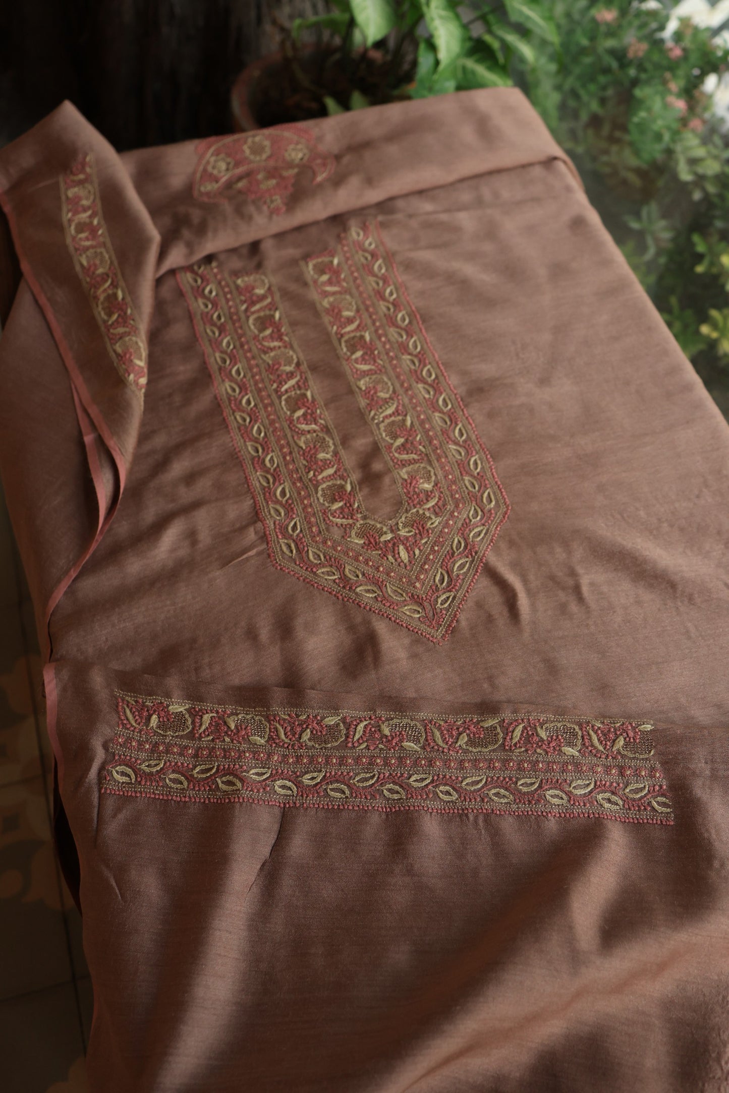 Pastel Brown Shade Moonga Silk Chikankari Unisex Kurta Fabrics