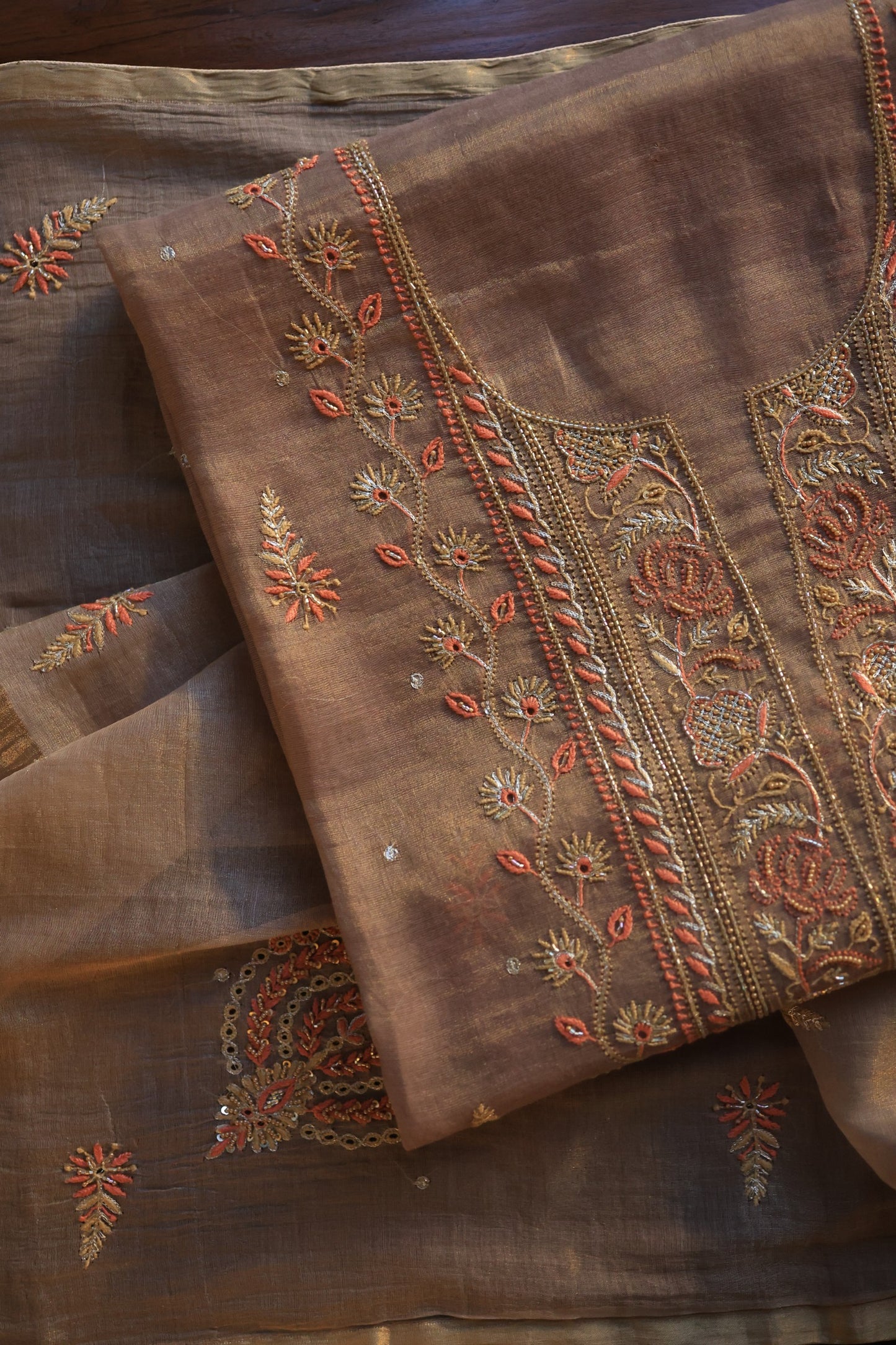 Pastel Brown Tissue Silk Chikankari Unstitched Fabric