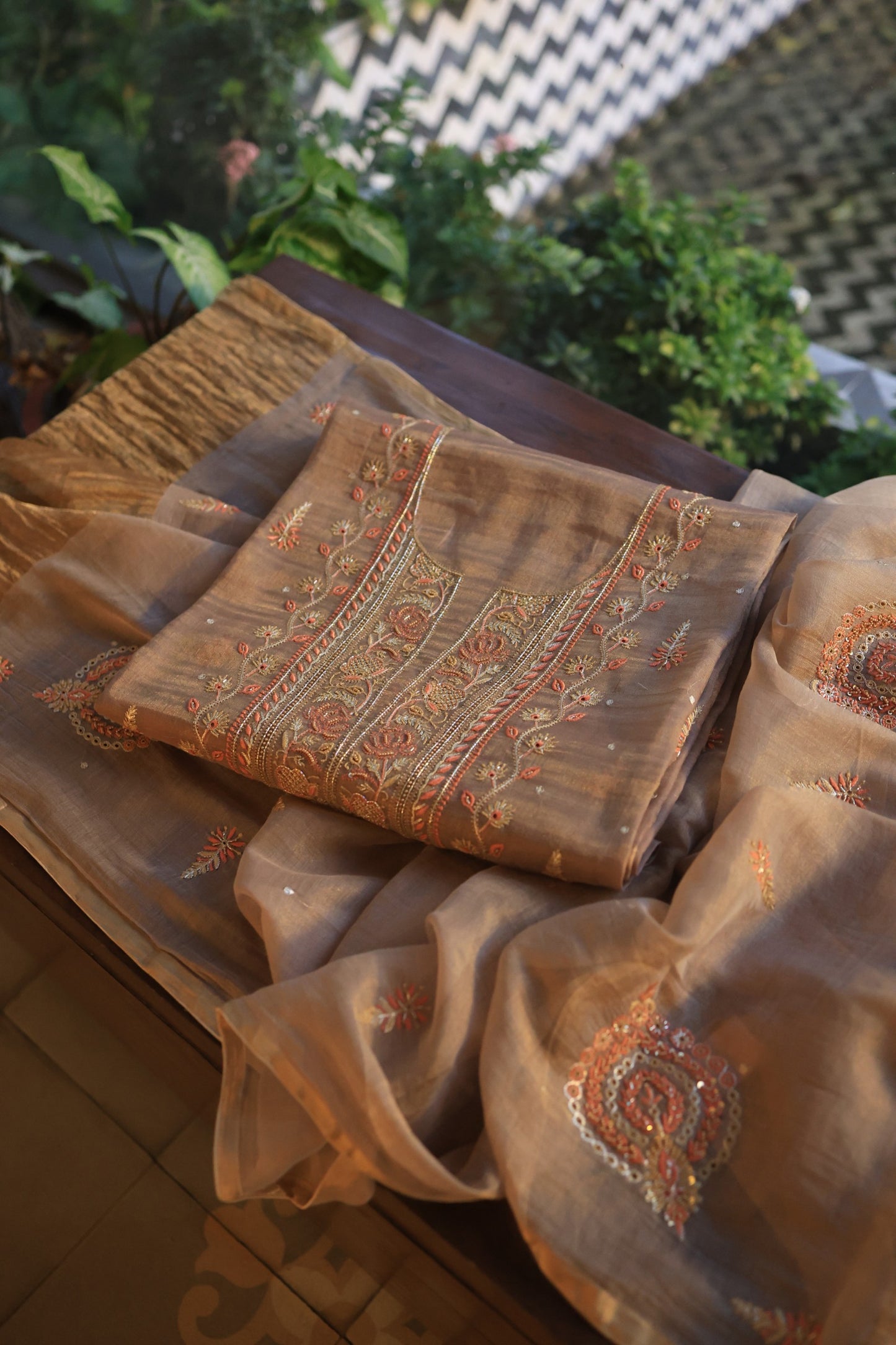 Pastel Brown Tissue Silk Chikankari Unstitched Fabric