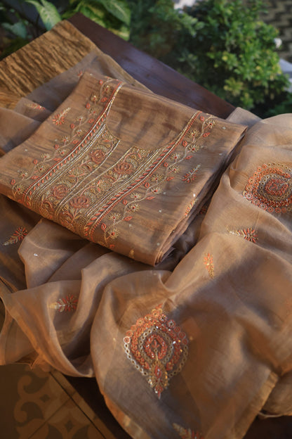 Pastel Brown Tissue Silk Chikankari Unstitched Fabric
