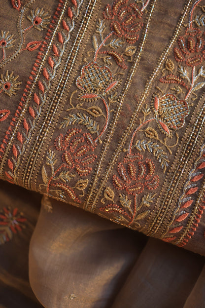 Pastel Brown Tissue Silk Chikankari Unstitched Fabric