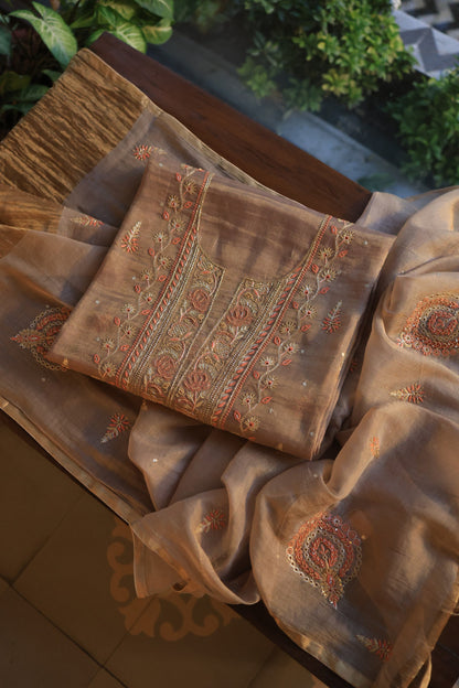 Pastel Brown Tissue Silk Chikankari Unstitched Fabric