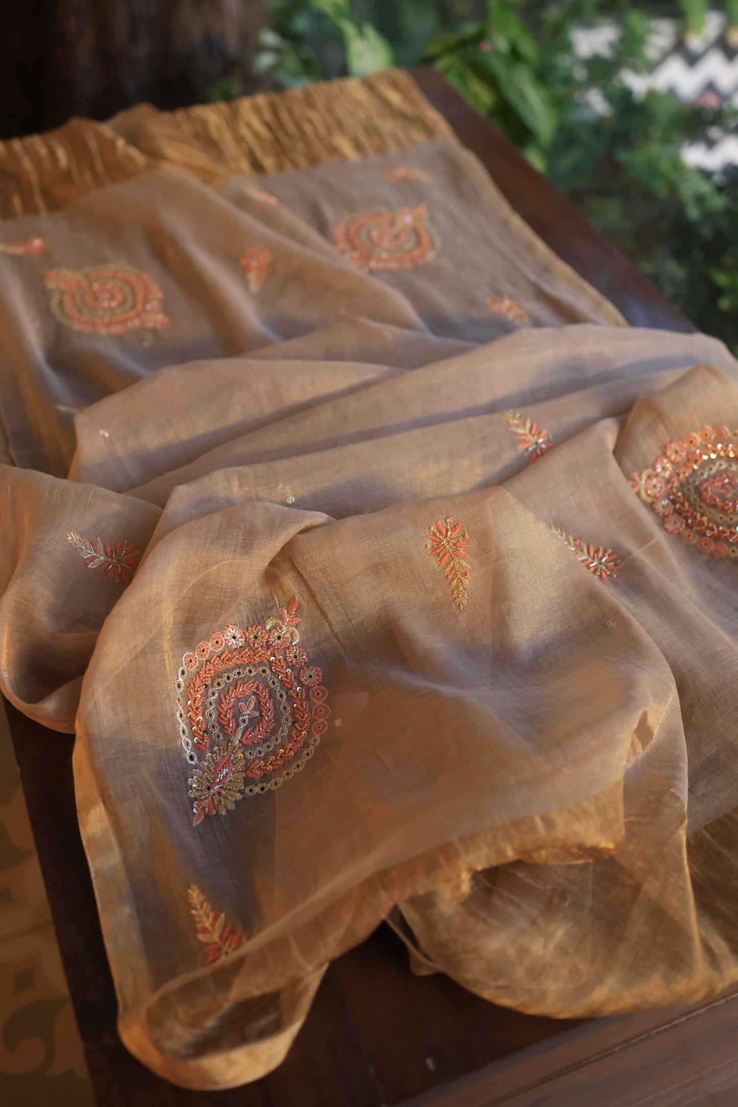Pastel Brown Tissue Silk Chikankari Unstitched Fabric