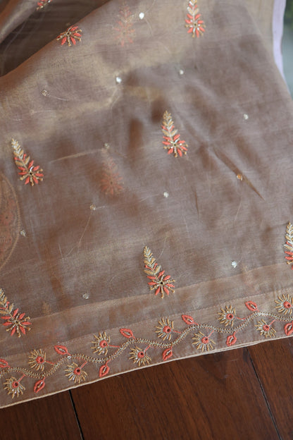 Pastel Brown Tissue Silk Chikankari Unstitched Fabric