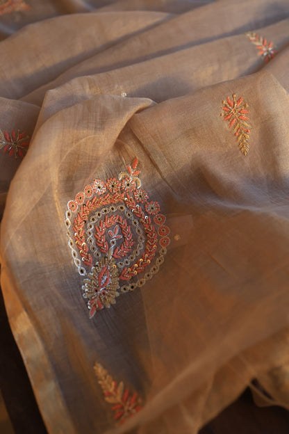 Pastel Brown Tissue Silk Chikankari Unstitched Fabric
