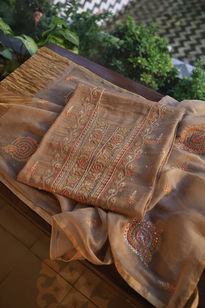 Pastel Brown Tissue Silk Chikankari Unstitched Fabric