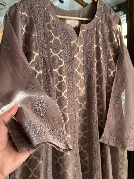 Pastel Brown Zari Chanderi Chikankari Ready to Wear Tunics