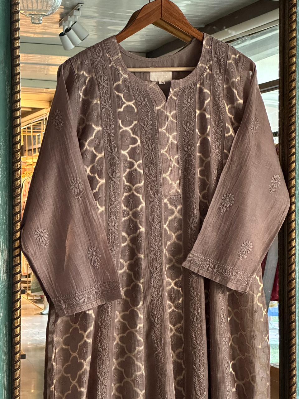 Pastel Brown Zari Chanderi Chikankari Ready to Wear Tunics