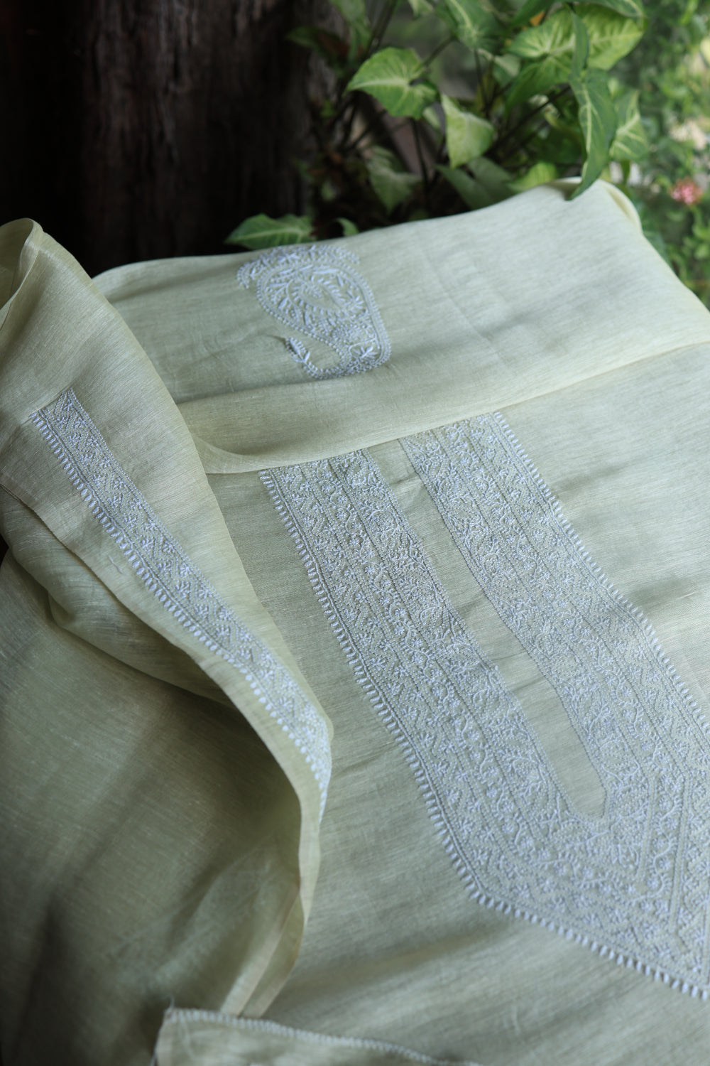 Pastel Green Linen Chikankari Unstitched Men's Kurtas Fabric