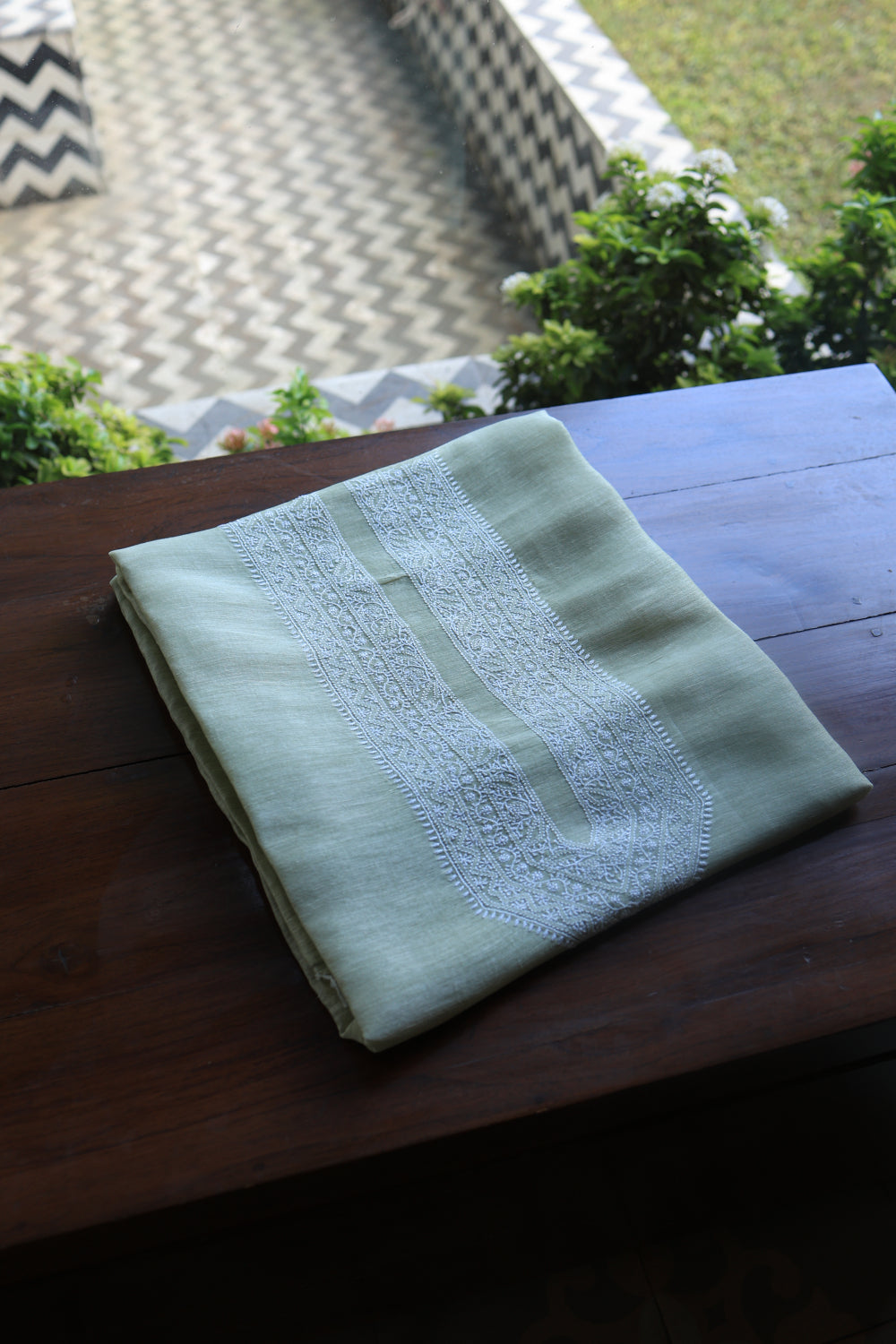 Pastel Green Linen Chikankari Unstitched Men's Kurtas Fabric