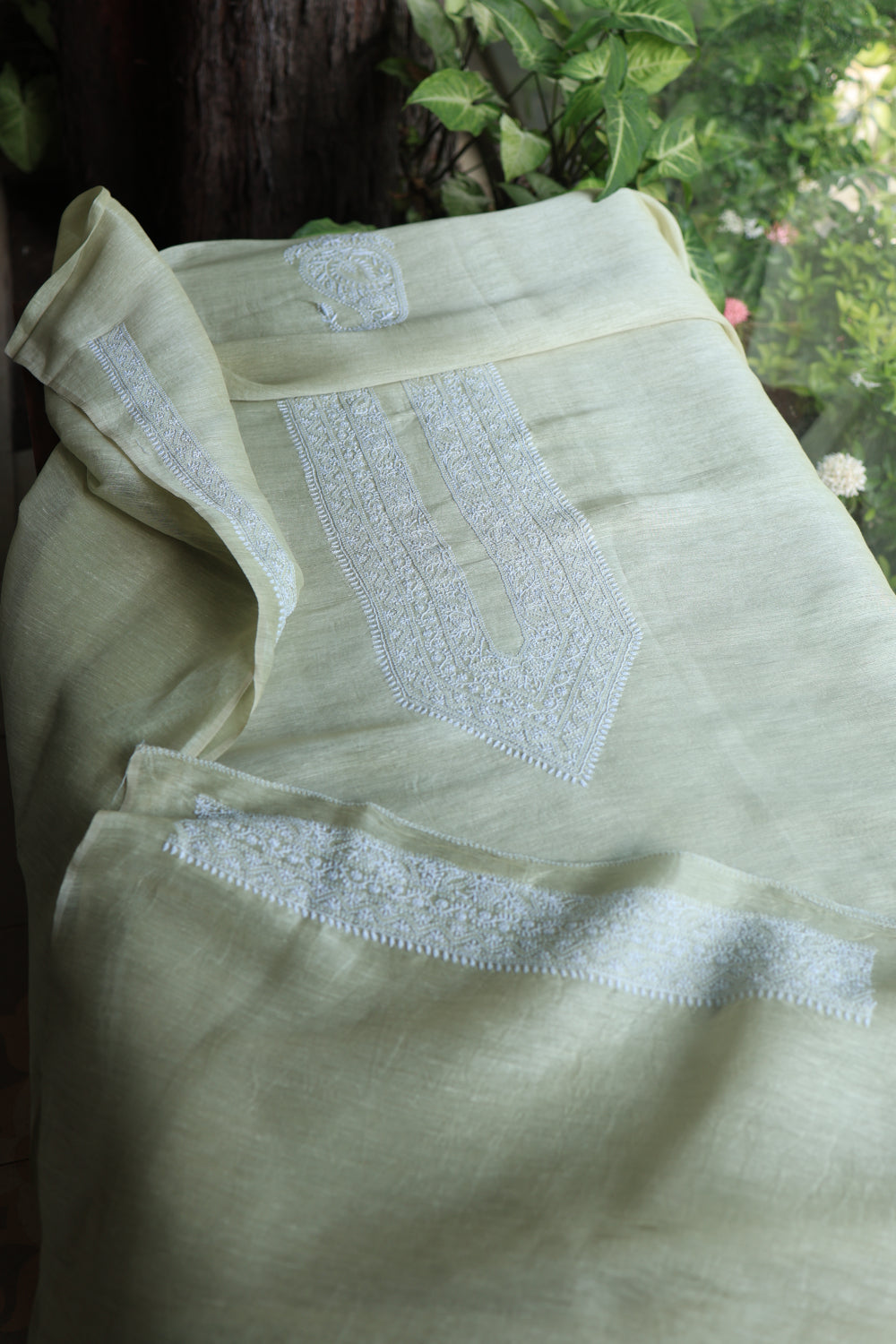 Pastel Green Linen Chikankari Unstitched Men's Kurtas Fabric