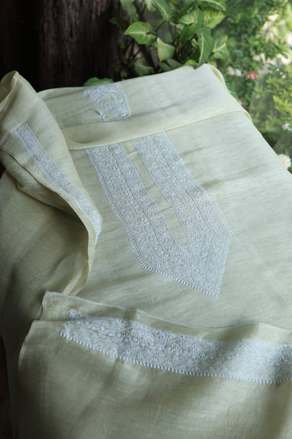 Pastel Green Linen Chikankari Unstitched Men's Kurtas Fabric