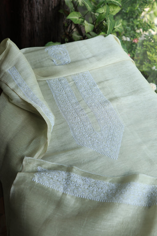 Pastel Green Linen Chikankari Unstitched Men's Kurtas Fabric