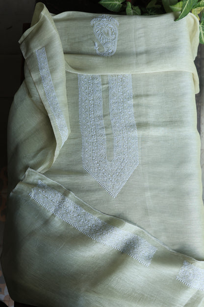 Pastel Green Linen Chikankari Unstitched Men's Kurtas Fabric